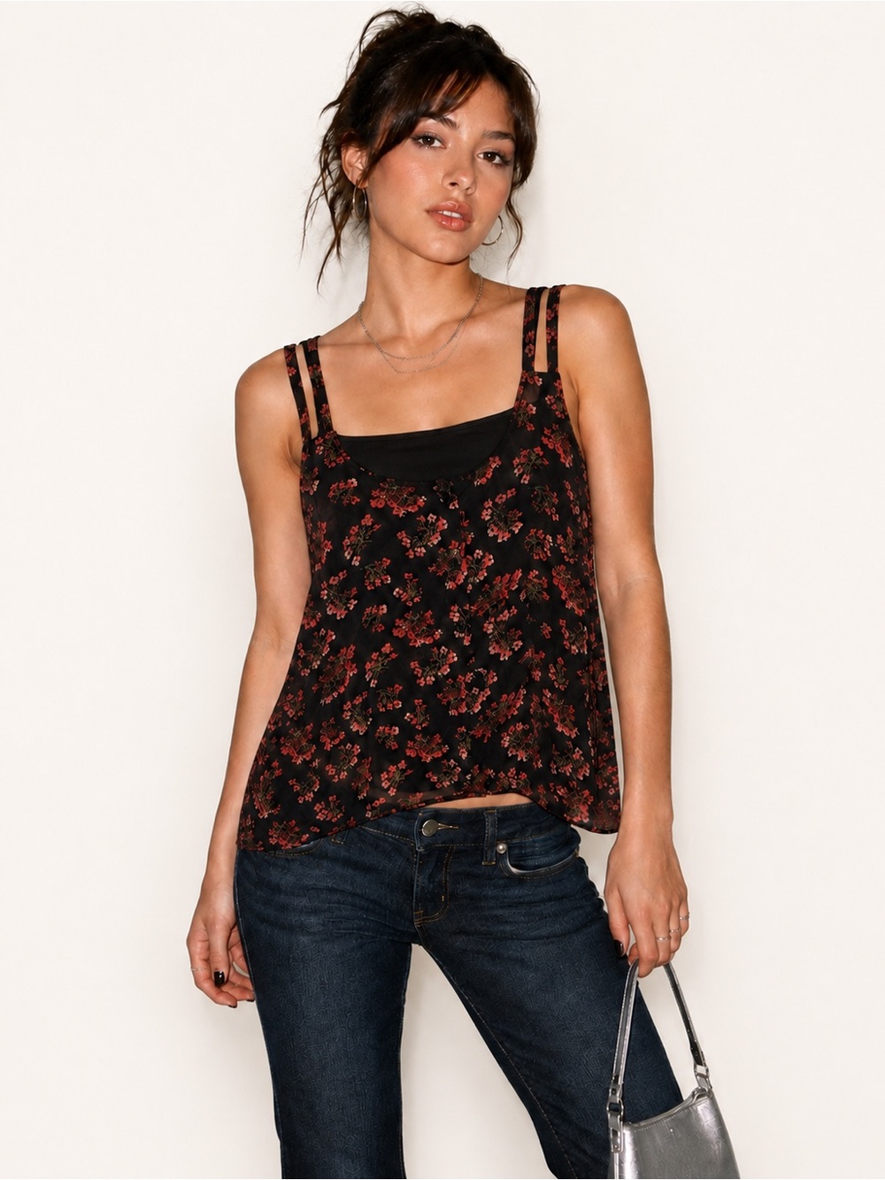Xhilaration Y2K Black Pink Floral Sheer Strappy Tank Top Size S